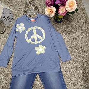 Floral Peace Sign Long Sleeve Top - Blue